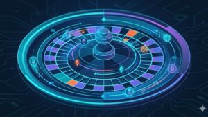 Современная иллюстрация с элементами криптовалют и рулетки для статьи о стратегиях ставок в казино