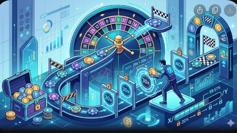 Современная иллюстрация с рулеткой и криптомонетами для статьи о бонусах в криптоказино