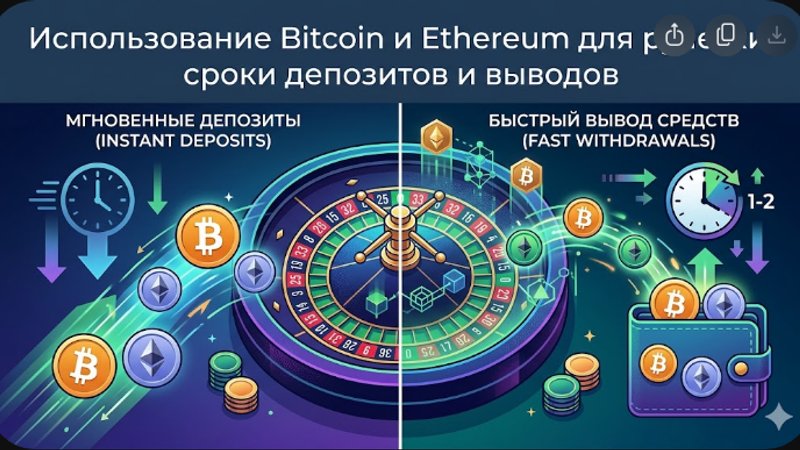 Современная иллюстрация с символами Bitcoin и Ethereum и рулеткой для статьи о криптовалютном гемблинге