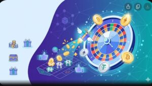 Современная иллюстрация с элементами криптоказино, рулеткой и цифровыми монетами для статьи о приветственных бонусах